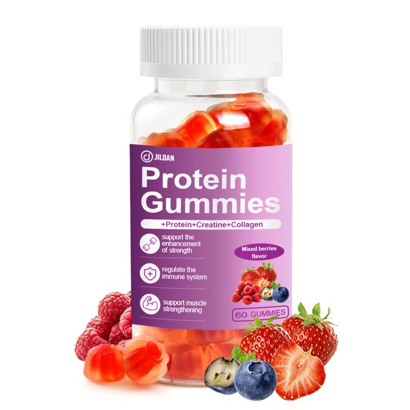 Protein gummies bottle with orange gummies and fruit